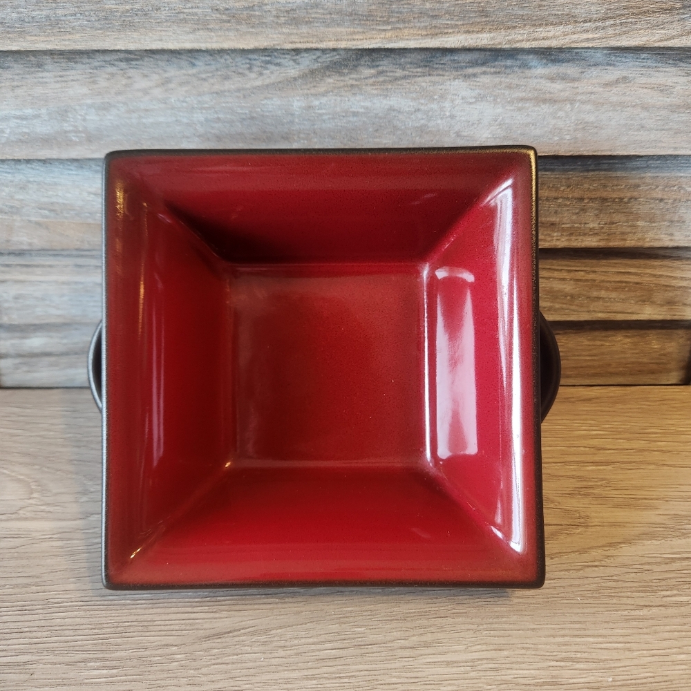 Exclusively For Tastefully Simple Dip Square Bowl Brick Red & Black Handles